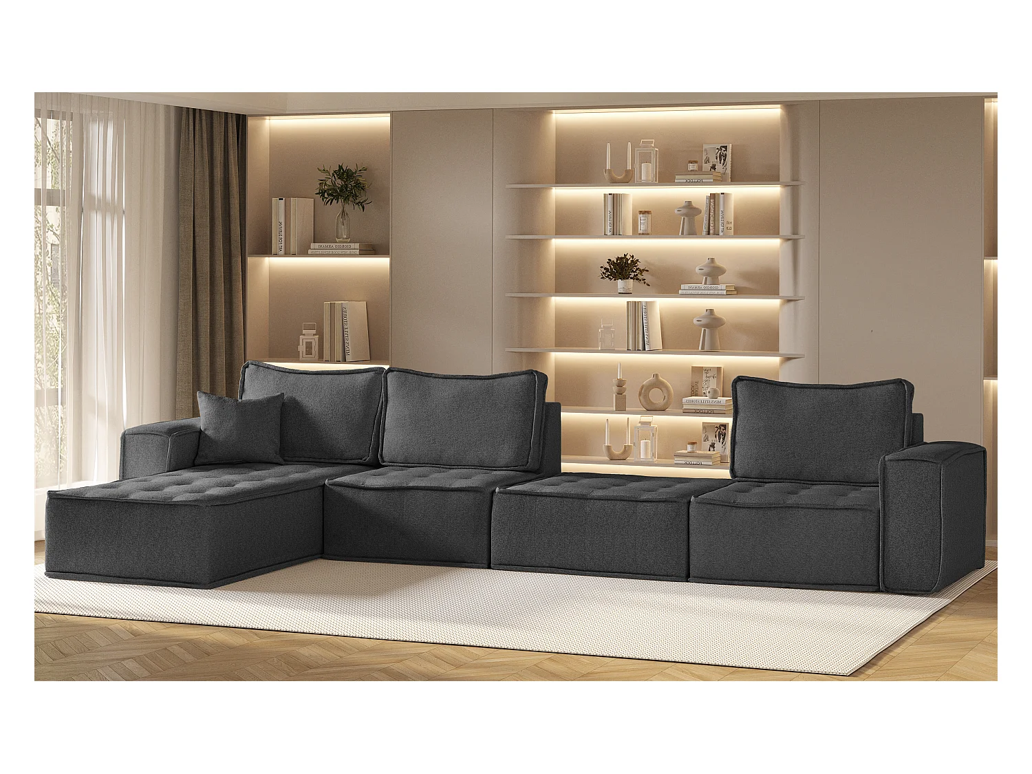 Canapé d'angle Bohoo XL en L, tissu Raven, graphite, gauche