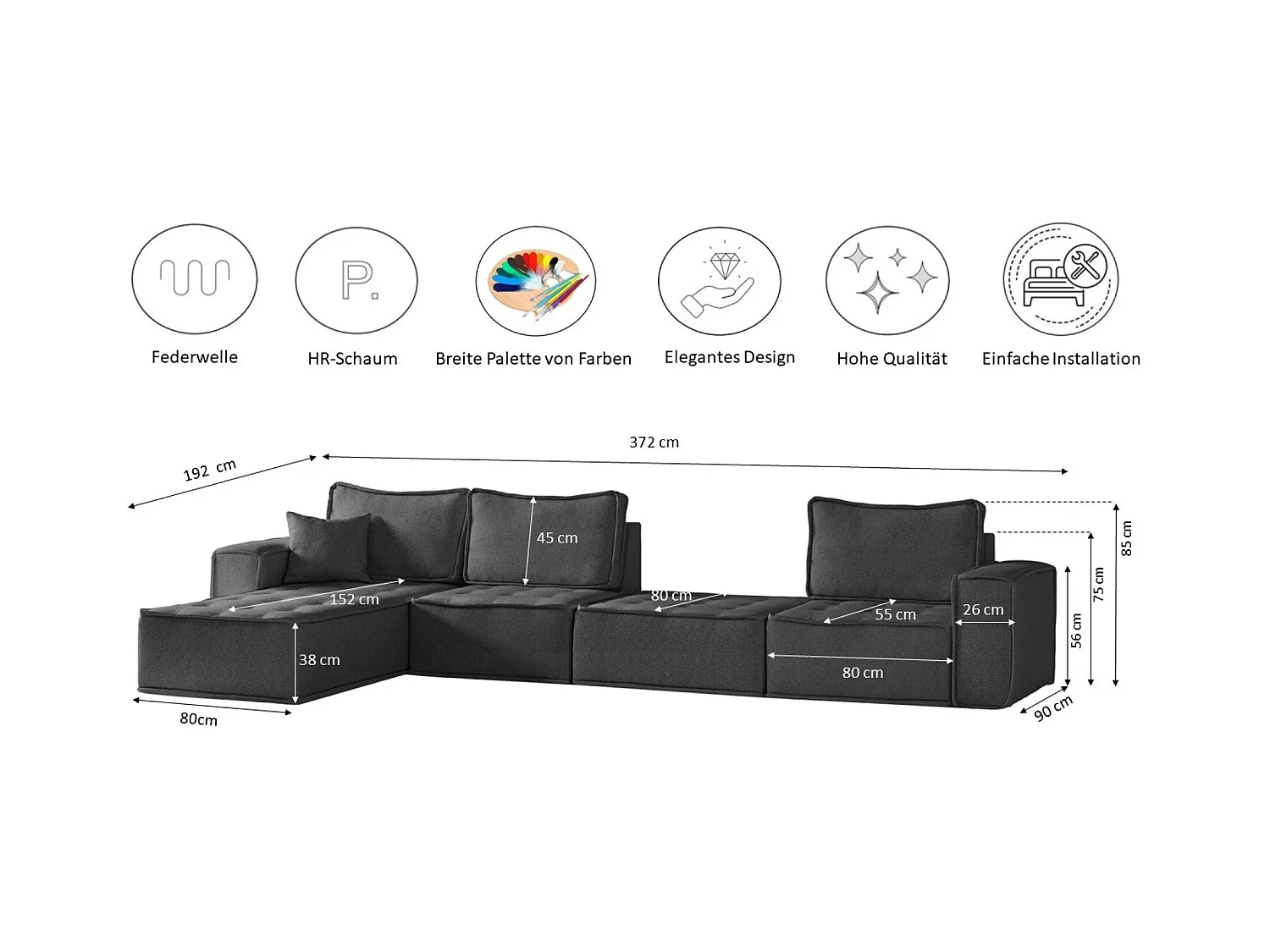 Canapé d'angle Bohoo XL en L, tissu Raven, graphite, gauche