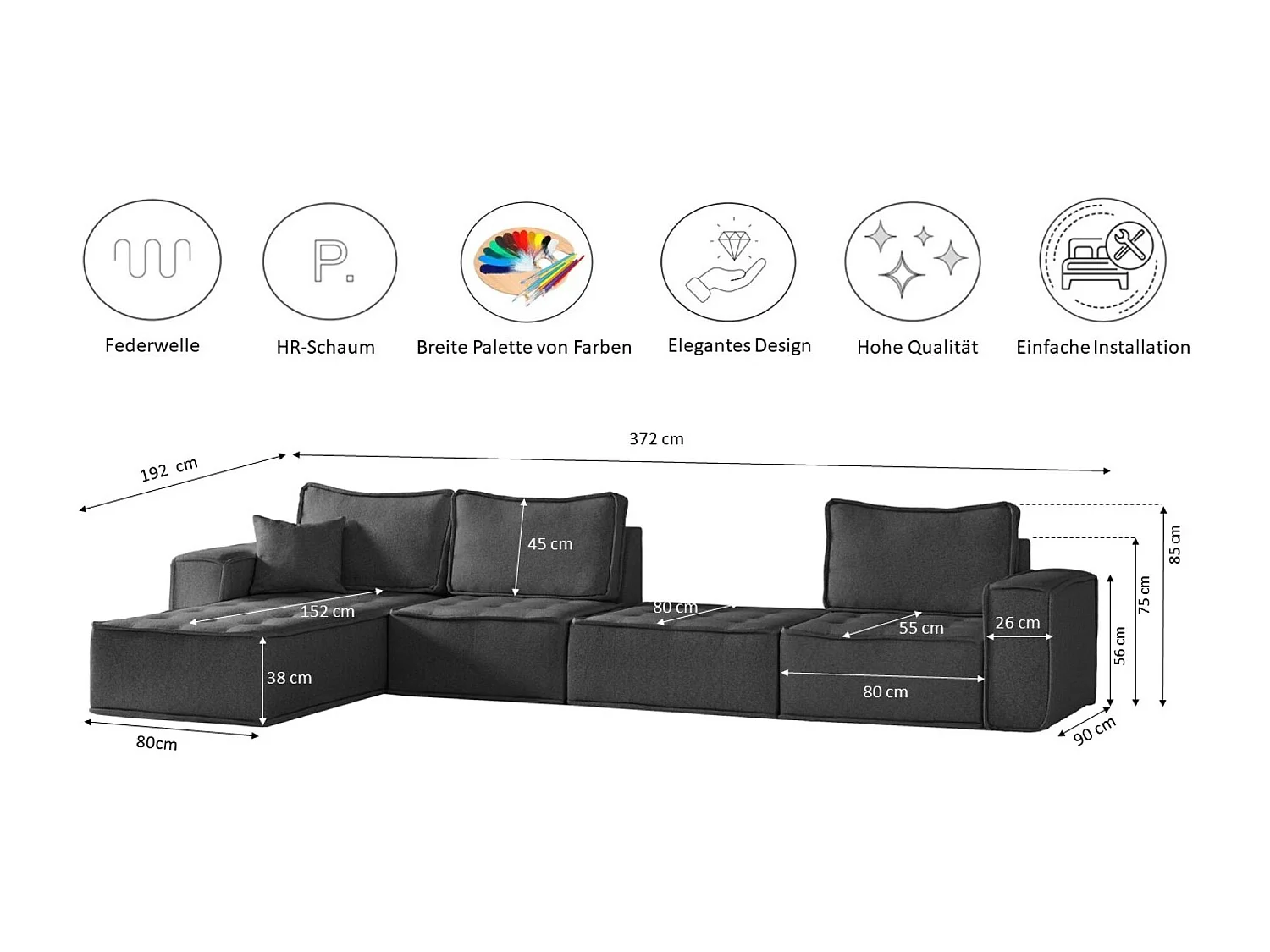 Canapé d'angle Bohoo XL en L, tissu Raven, graphite, gauche