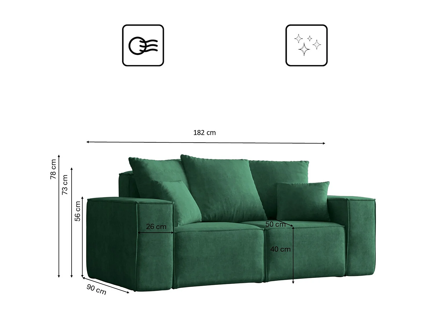 Canapé deux places ELLA, tissu Noel, vert