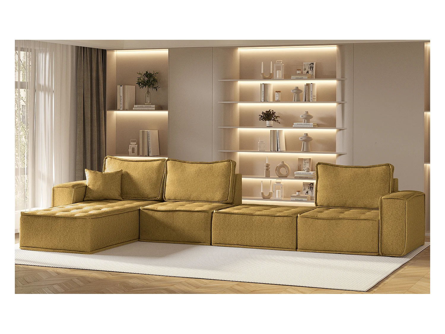 Canapé d'angle Bohoo XL en L, tissu Raven, jaune, gauche