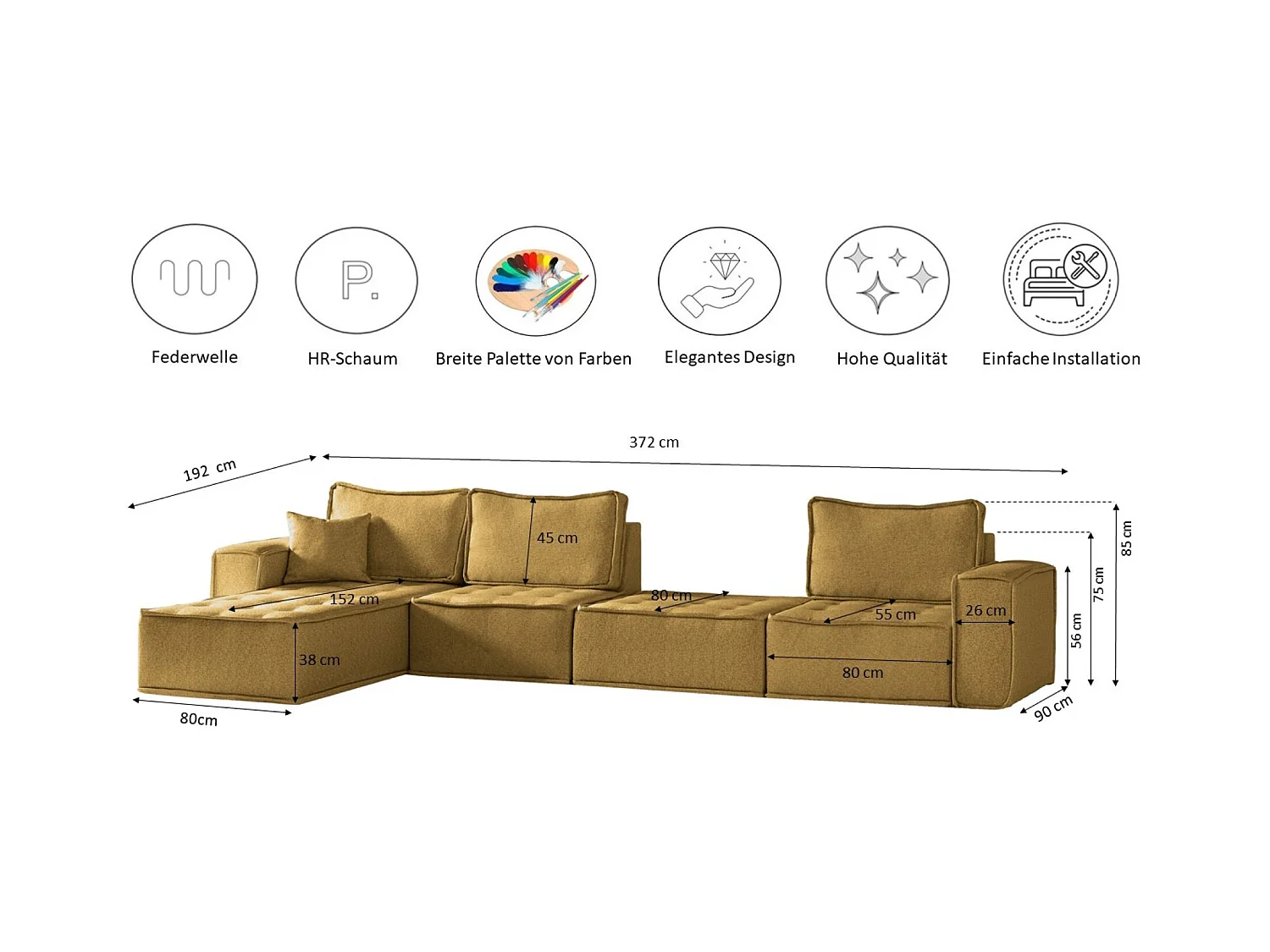 Canapé d'angle Bohoo XL en L, tissu Raven, jaune, gauche