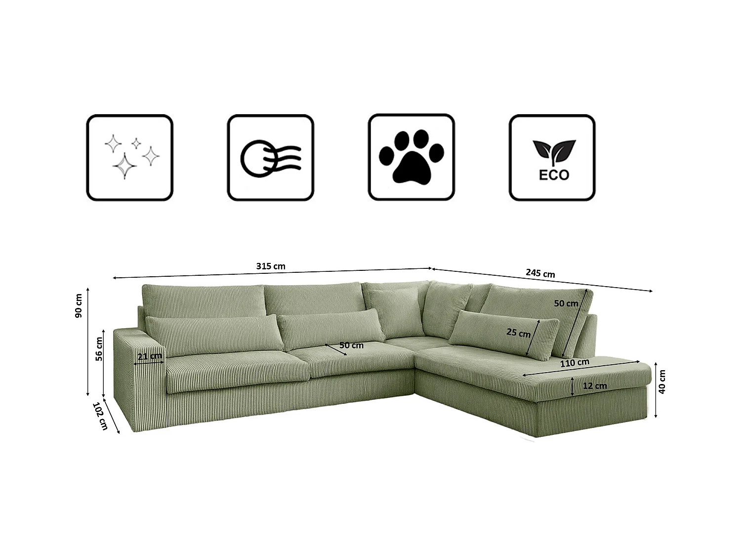 Canapé d'angle en L SVEN tissu Poso vert clair droit