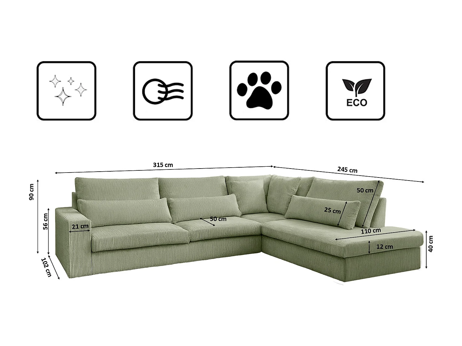 Canapé d'angle en L SVEN tissu Poso vert clair droit