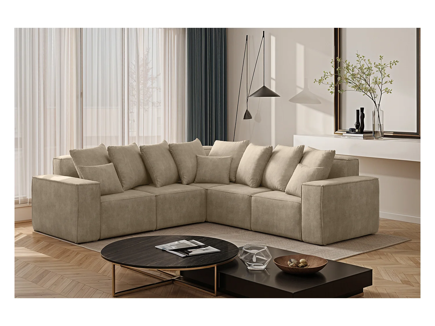 Canapé d'angle, Corner ELLA, tissu Noel, beige clair