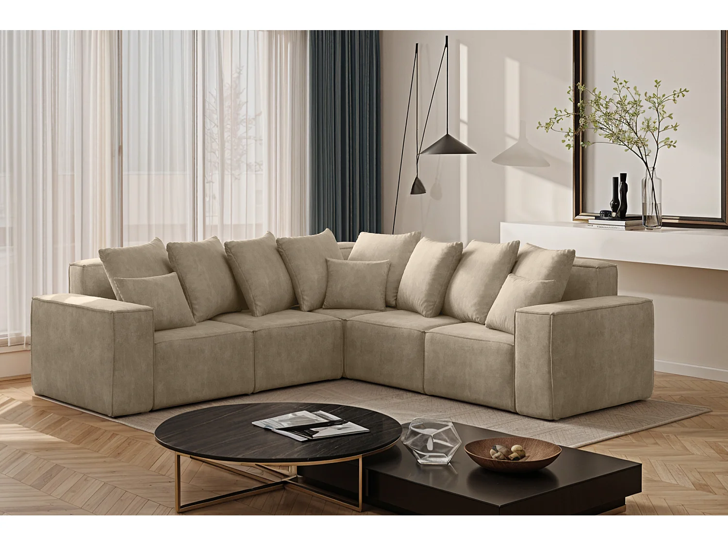 Canapé d'angle, Corner ELLA, tissu Noel, beige clair