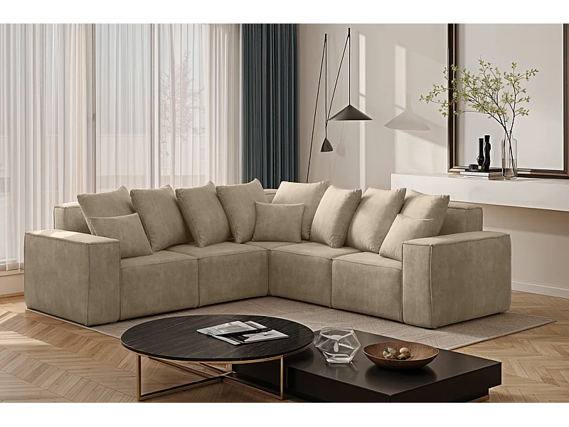 Canapé d'angle, Corner ELLA, tissu Noel, beige clair