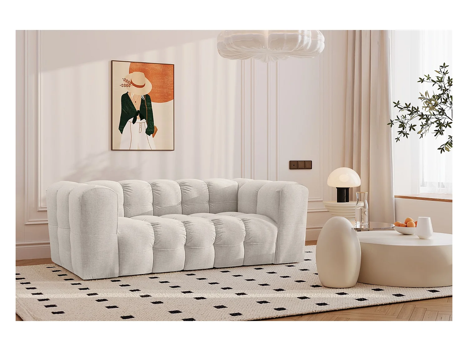 Sofa 2-Sitzer, Komfort Couch BALOO, stoff Schenille, Ecru