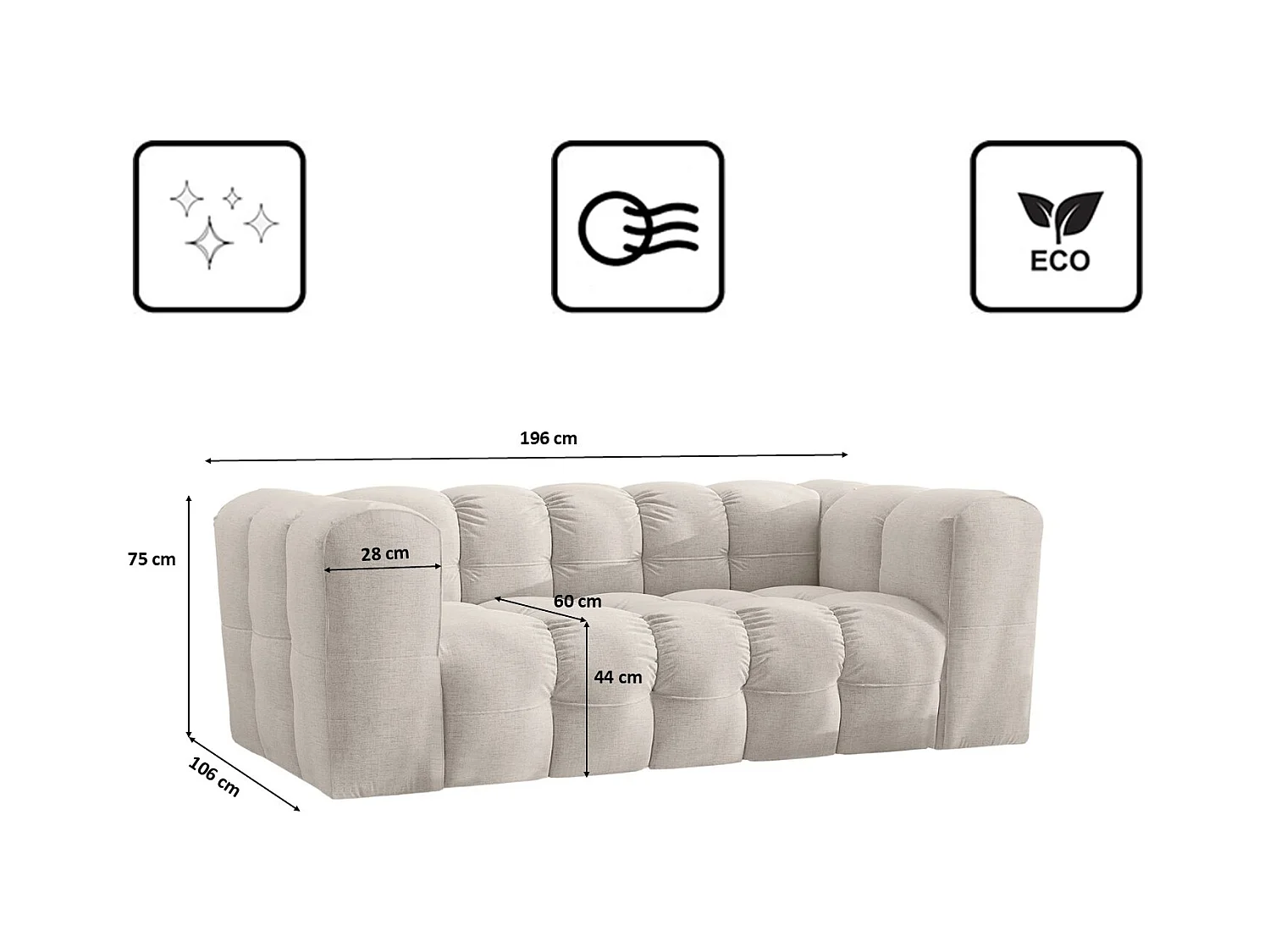 Sofa 2-Sitzer, Komfort Couch BALOO, stoff Schenille, Ecru