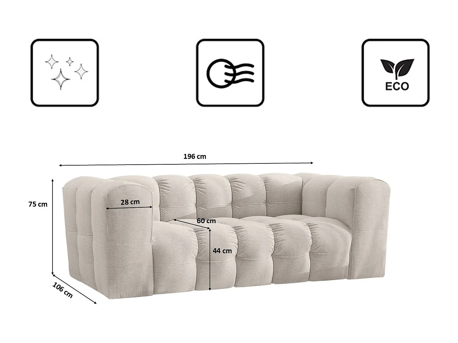 Sofa 2-Sitzer, Komfort Couch BALOO, stoff Schenille, Ecru