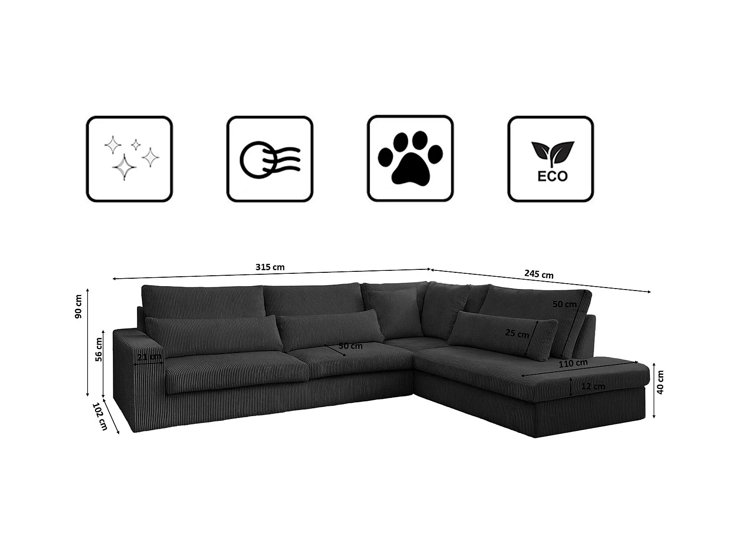 Canapé d'angle en L SVEN tissu Poso Graphite Droite