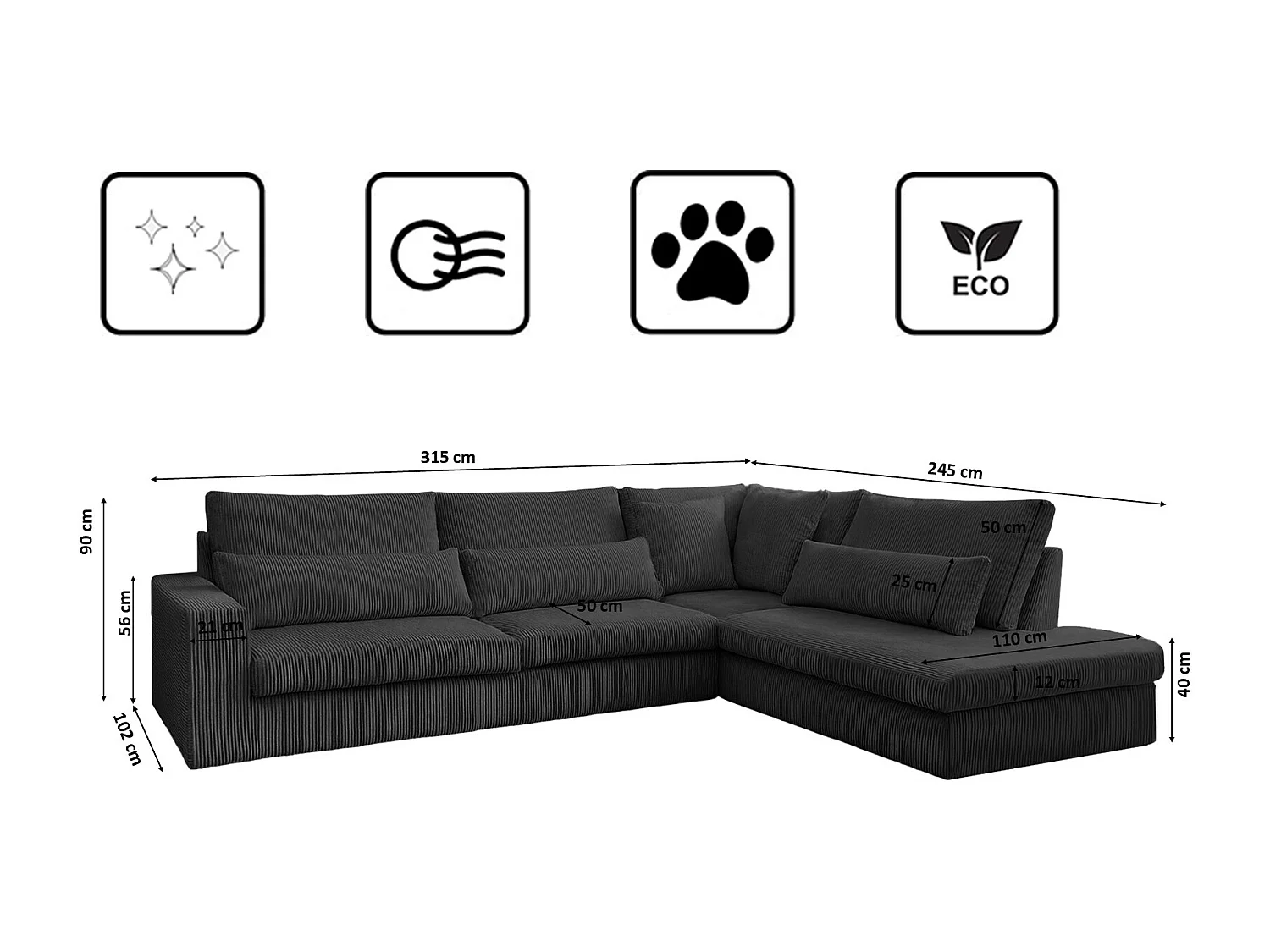 Canapé d'angle en L SVEN tissu Poso Graphite Droite
