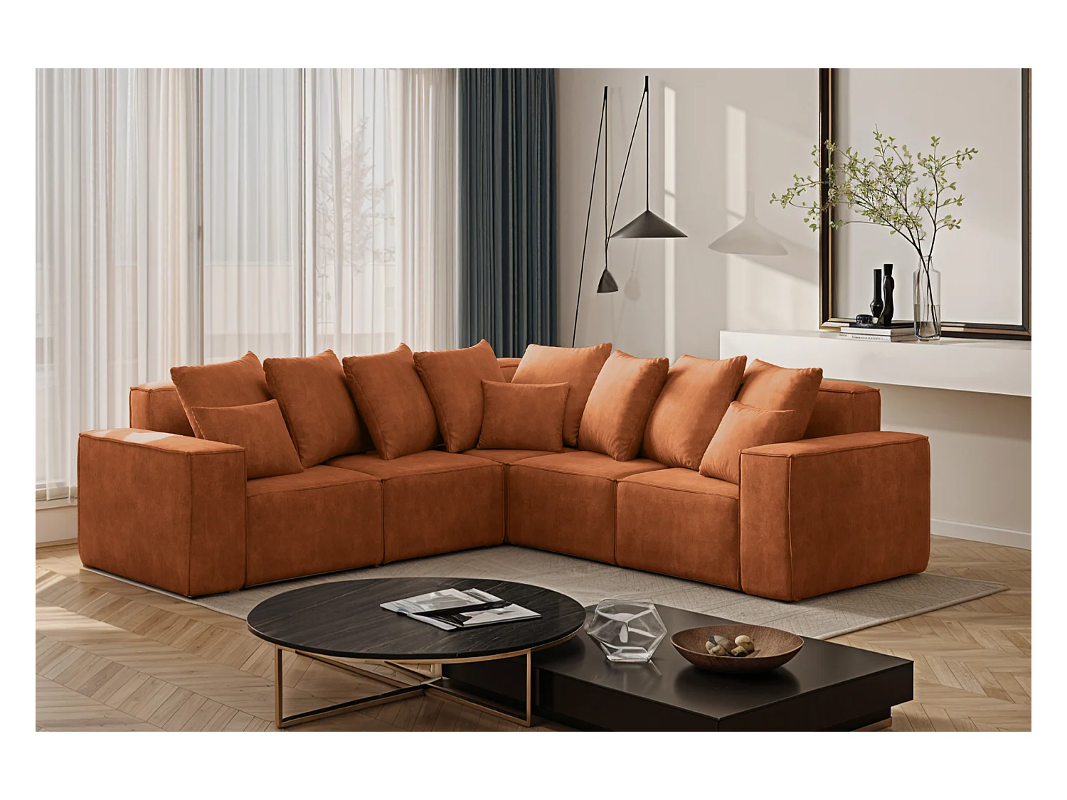 Canapé d'angle, Corner ELLA, tissu Noel, orange