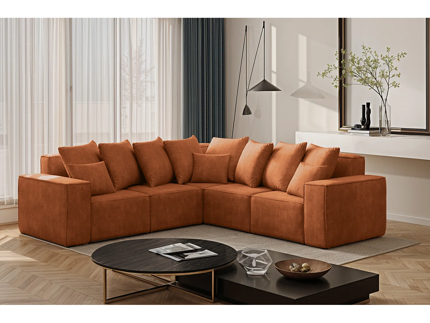 Canapé d'angle, Corner ELLA, tissu Noel, orange