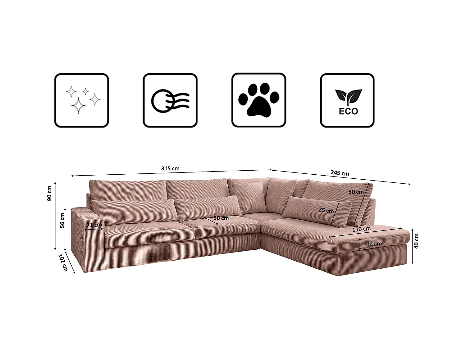 Canapé d'angle en L SVEN tissu Poso Rosa droit