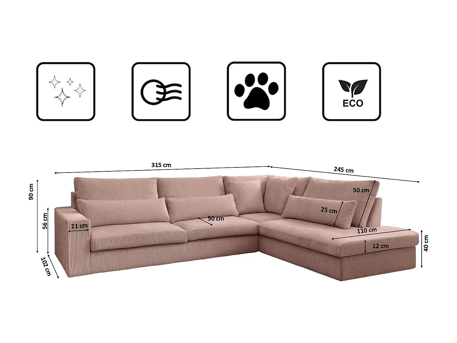 Canapé d'angle en L SVEN tissu Poso Rosa droit