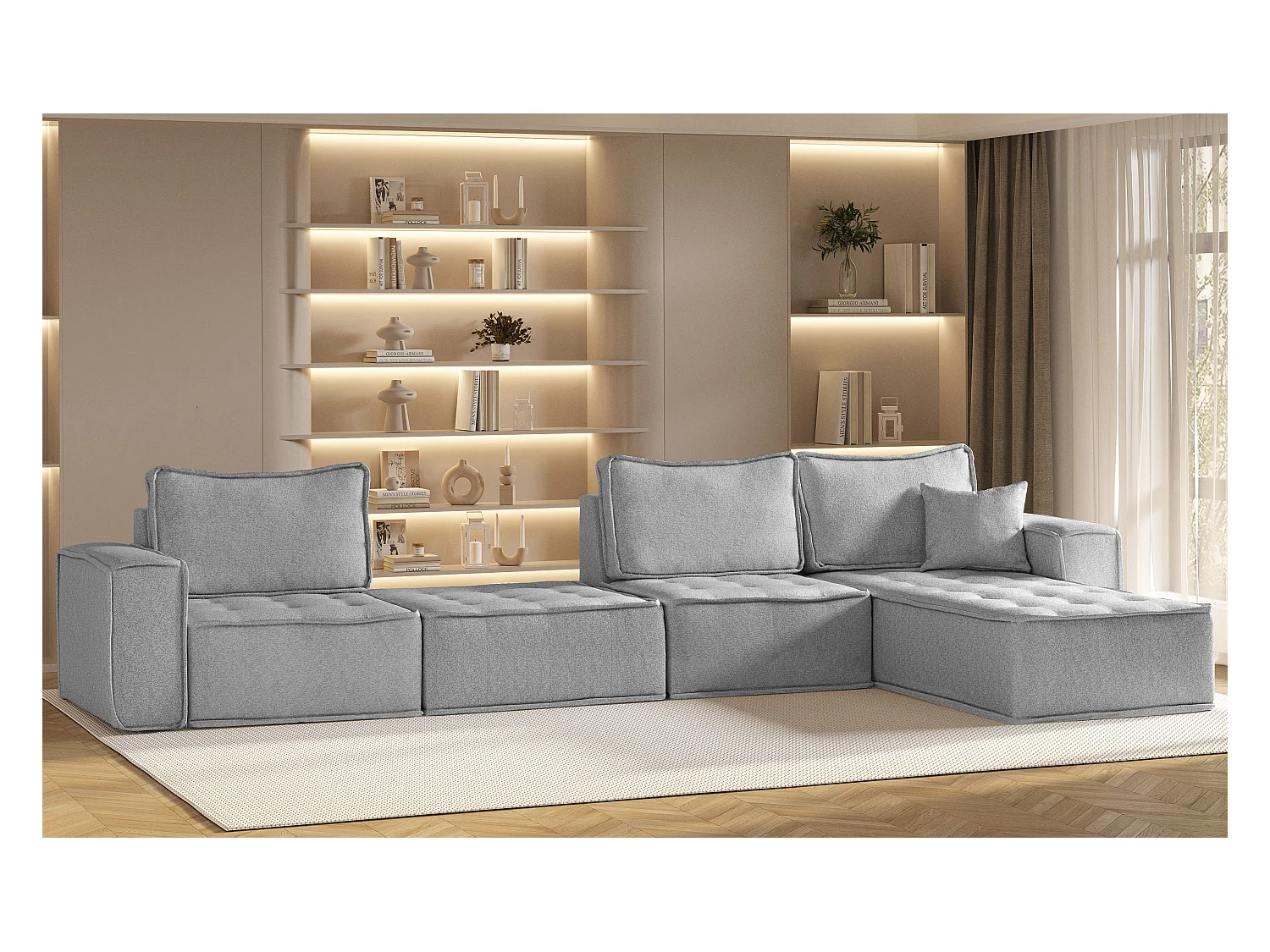 Canapé d'angle Bohoo XL en L, tissu Raven, gris, droit