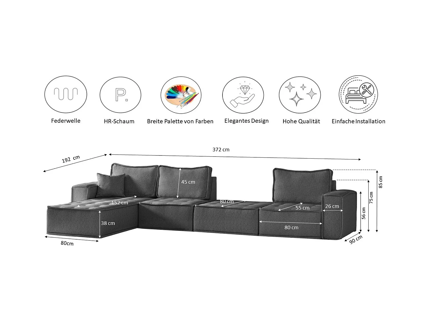 Canapé d'angle Bohoo XL en L, tissu Raven, gris, droit