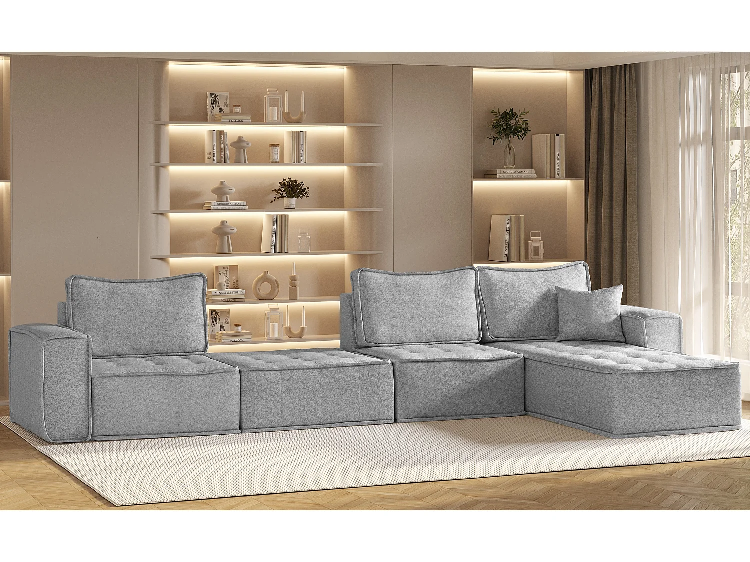 Canapé d'angle Bohoo XL en L, tissu Raven, gris, droit