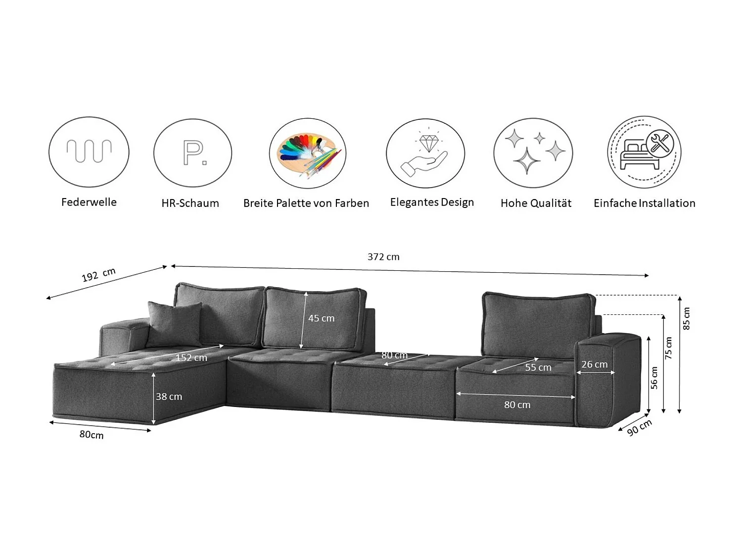 Canapé d'angle Bohoo XL en L, tissu Raven, gris, droit