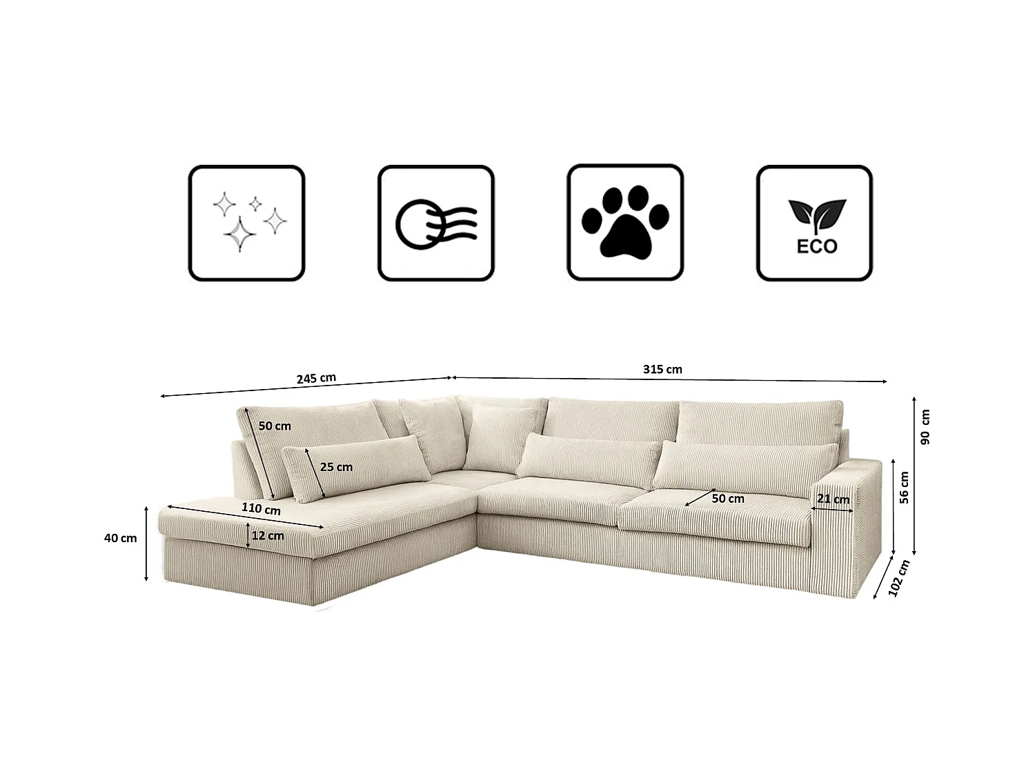 Canapé d'angle L-form SVEN tissu Poso Ecru Gauche