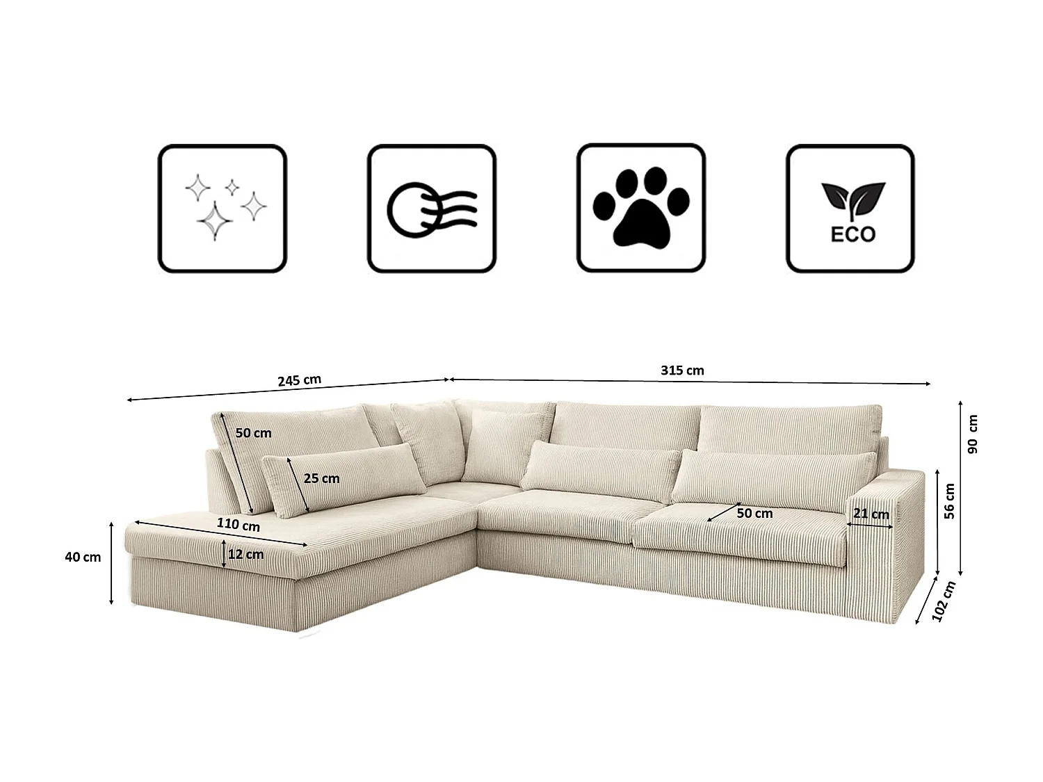 Canapé d'angle L-form SVEN tissu Poso Ecru Gauche