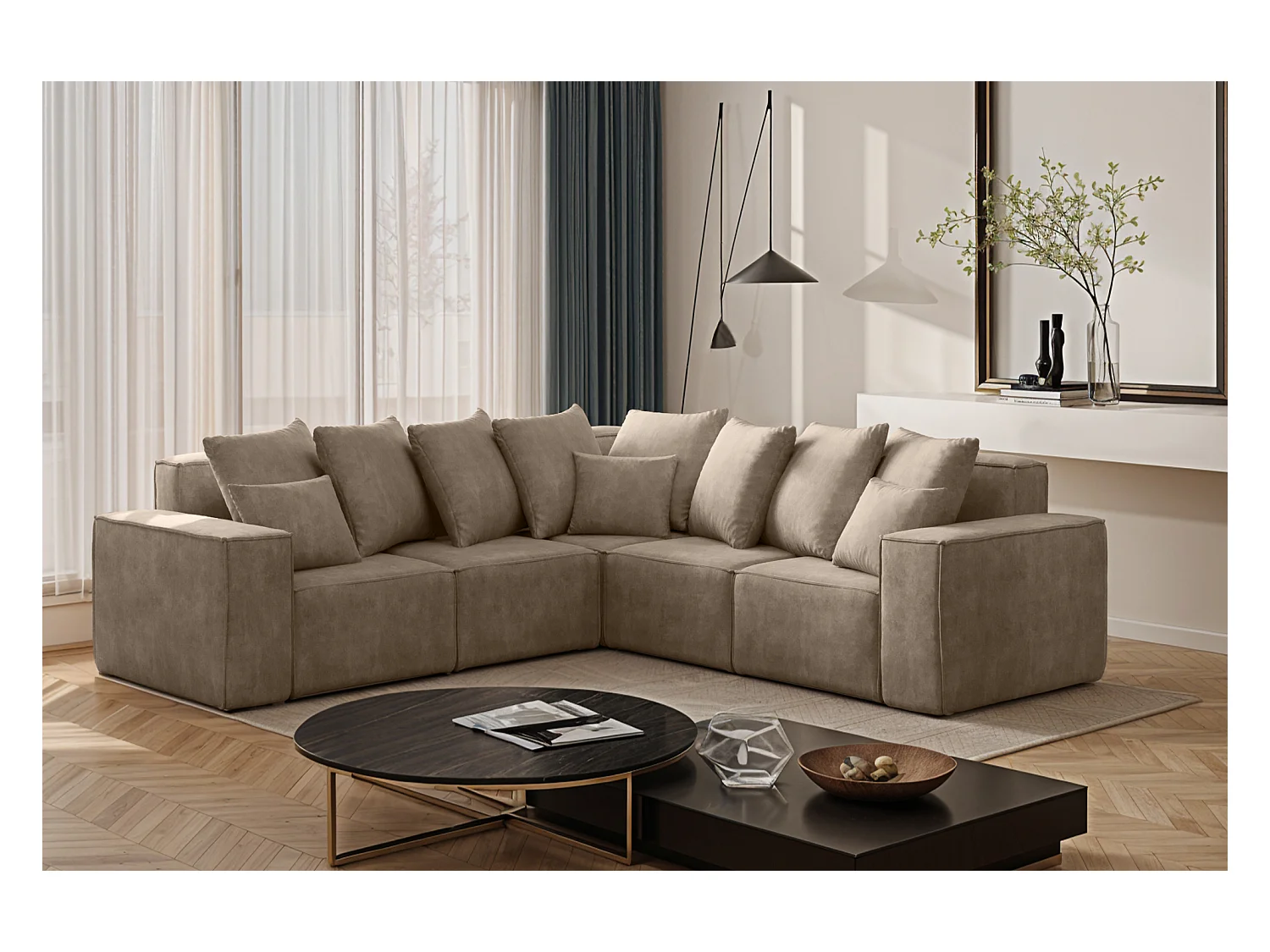 Canapé d'angle, Corner ELLA, tissu Noel, beige