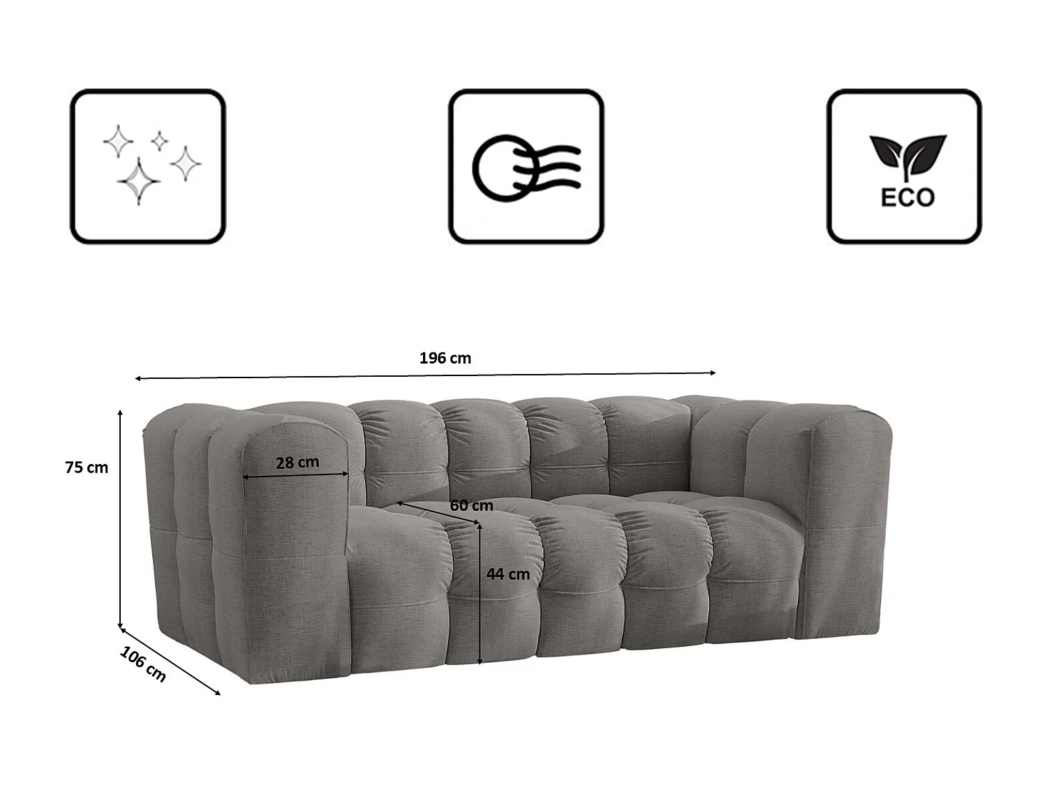 Sofa 2-Sitzer, Komfort Couch BALOO, stoff Schenille, Grau