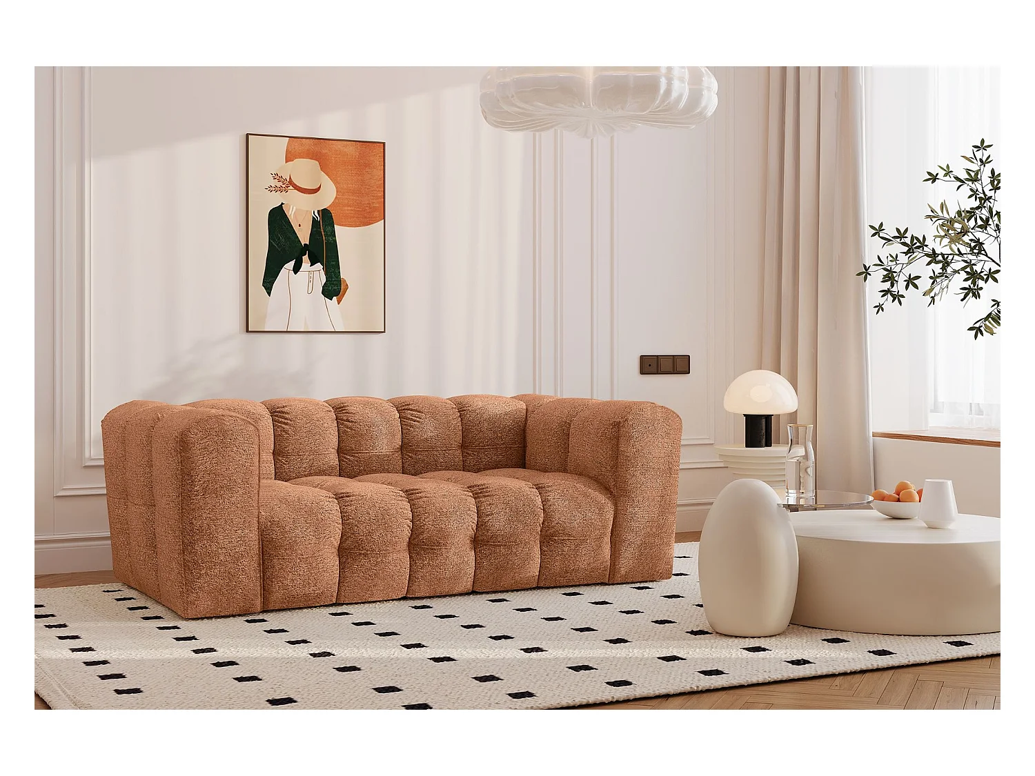 Sofa 2-Sitzer, Komfort Couch BALOO, stoff Schenille & Bouclé, Orange