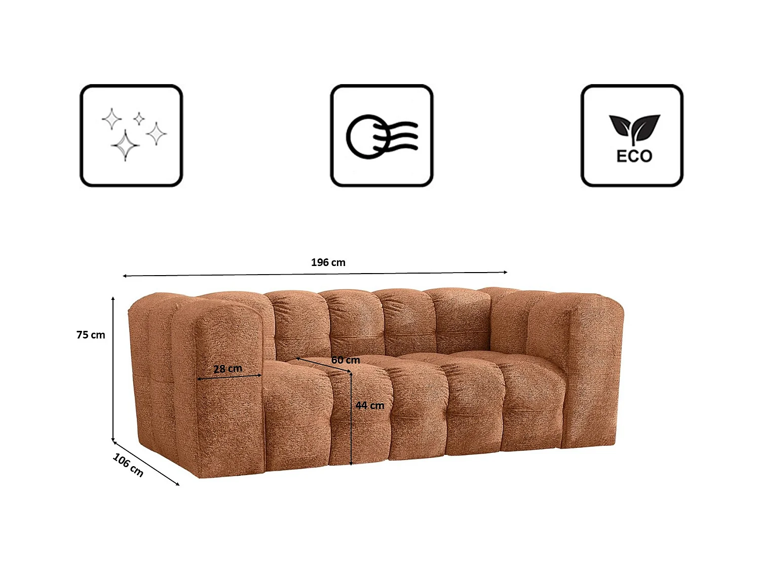 Sofa 2-Sitzer, Komfort Couch BALOO, stoff Schenille & Bouclé, Orange