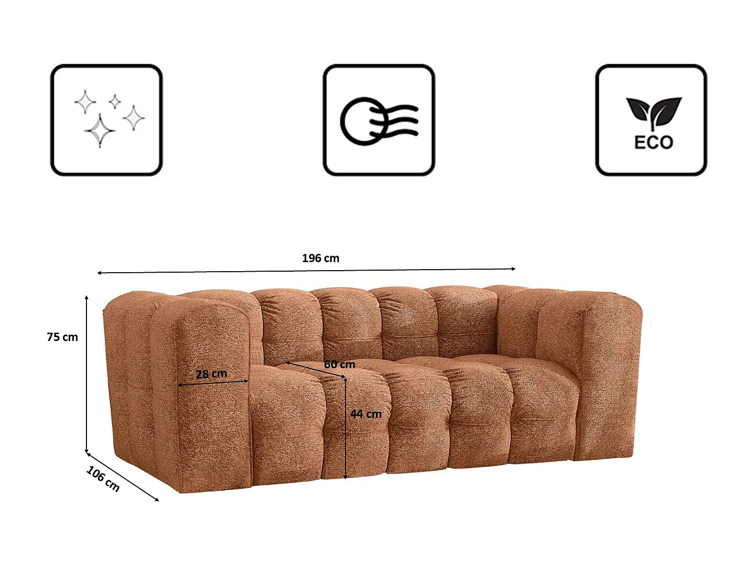 Sofa 2-Sitzer, Komfort Couch BALOO, stoff Schenille & Bouclé, Orange