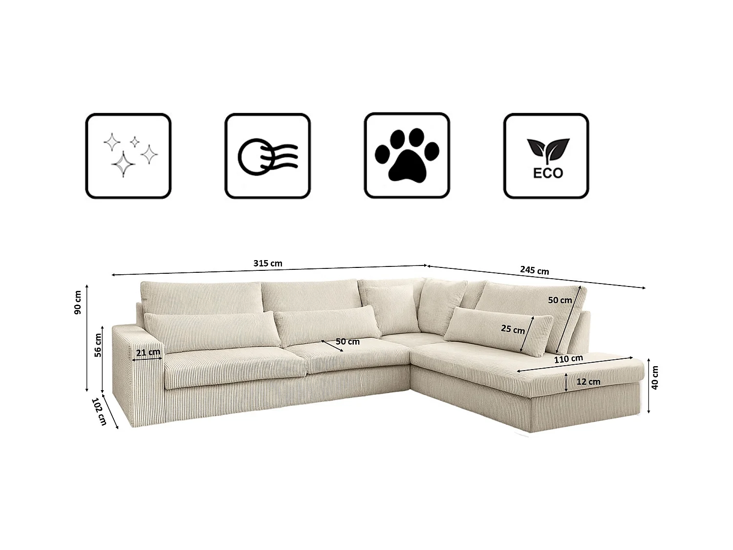 Canapé d'angle en L SVEN tissu Poso Ecru droit