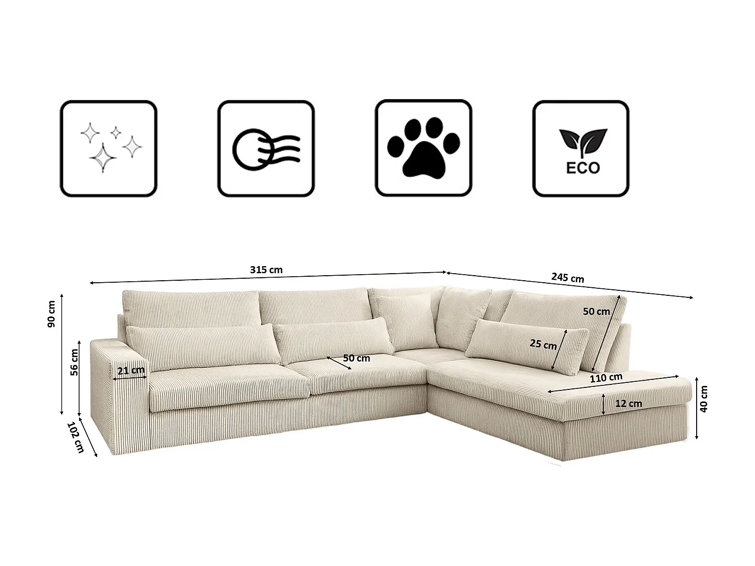 Canapé d'angle en L SVEN tissu Poso Ecru droit