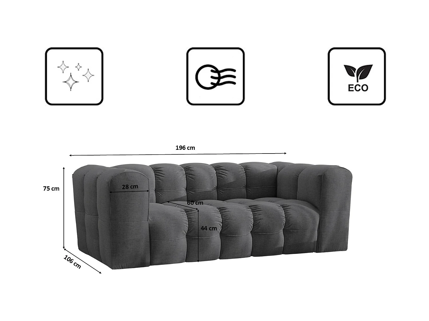 Sofa 2-Sitzer, Komfort Couch BALOO, stoff Schenille, Graphit