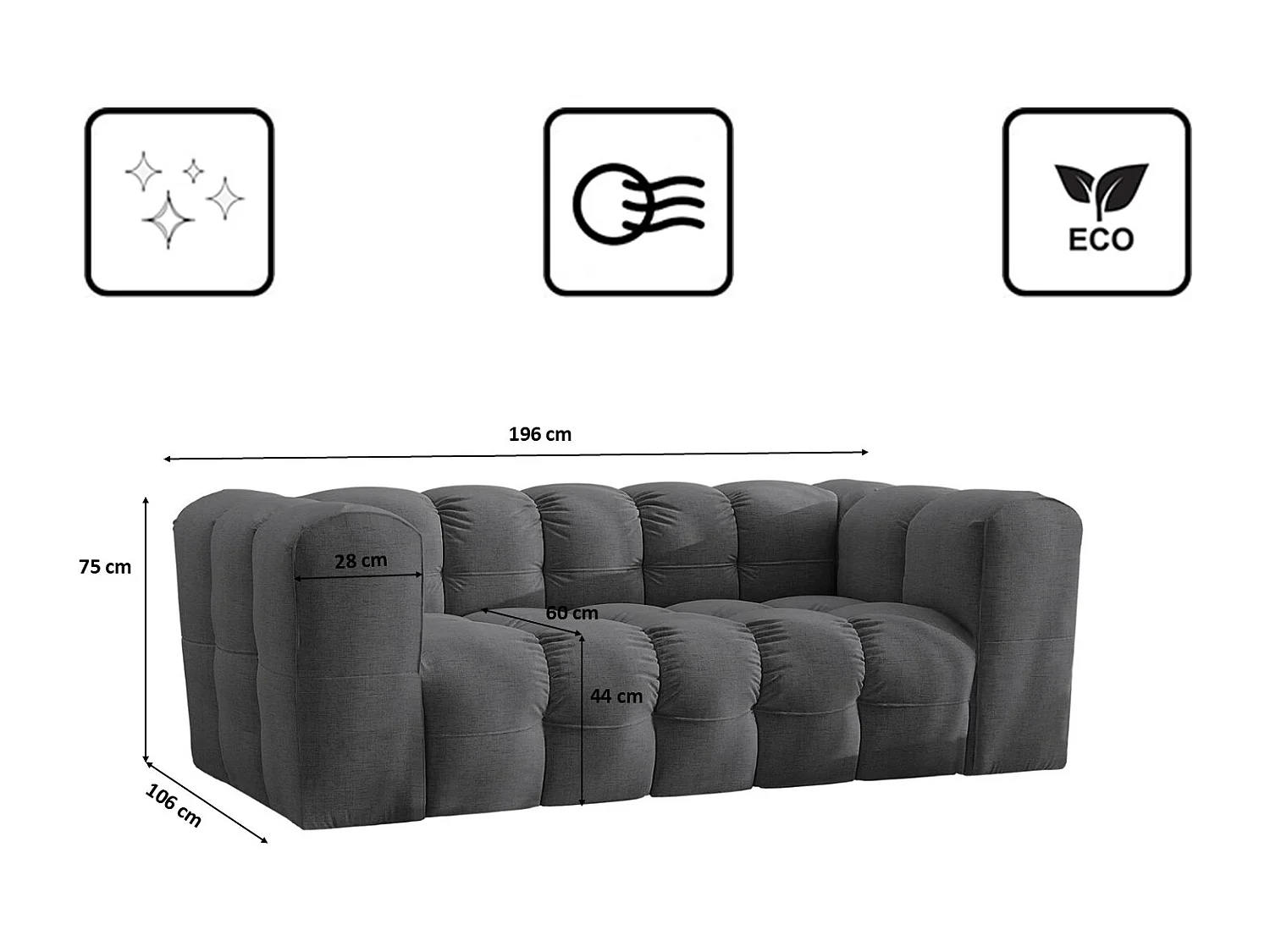 Sofa 2-Sitzer, Komfort Couch BALOO, stoff Schenille, Graphit