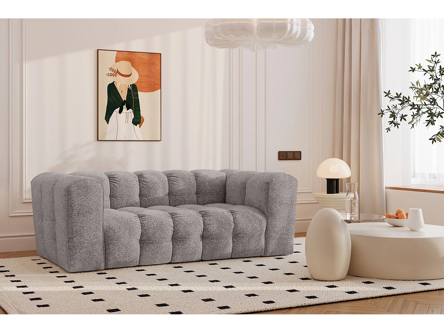 Sofa 2-Sitzer, Komfort Couch BALOO, stoff Schenille & Bouclé, Grau