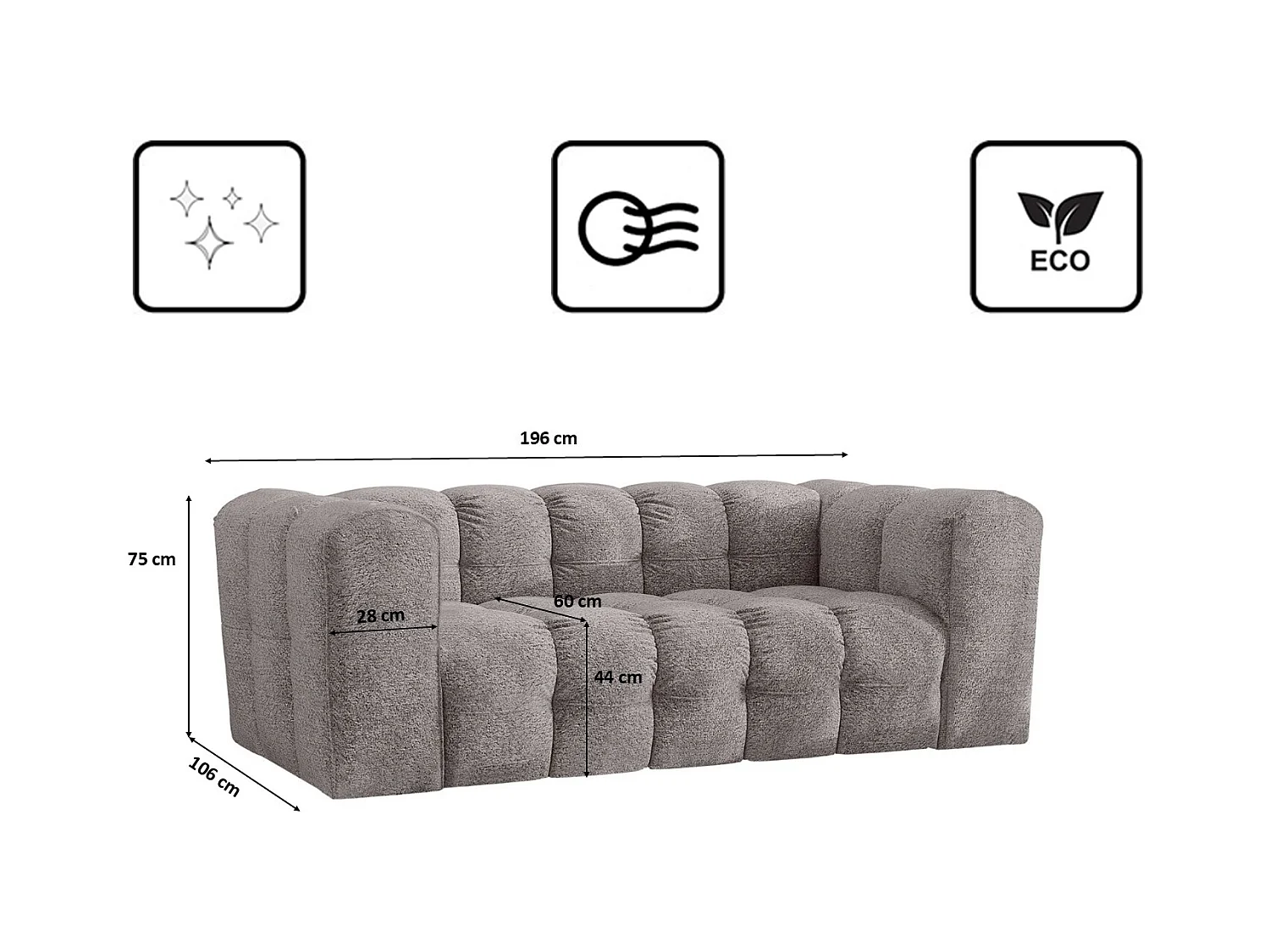 Sofa 2-Sitzer, Komfort Couch BALOO, stoff Schenille & Bouclé, Grau