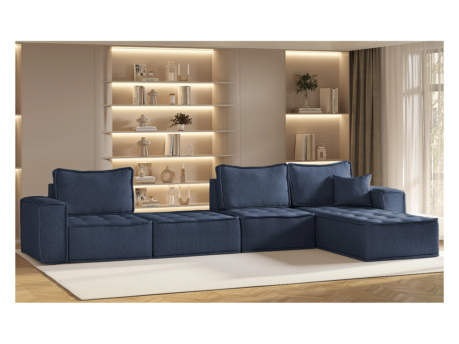 Canapé d'angle Bohoo XL en L, tissu Raven, bleu, droit