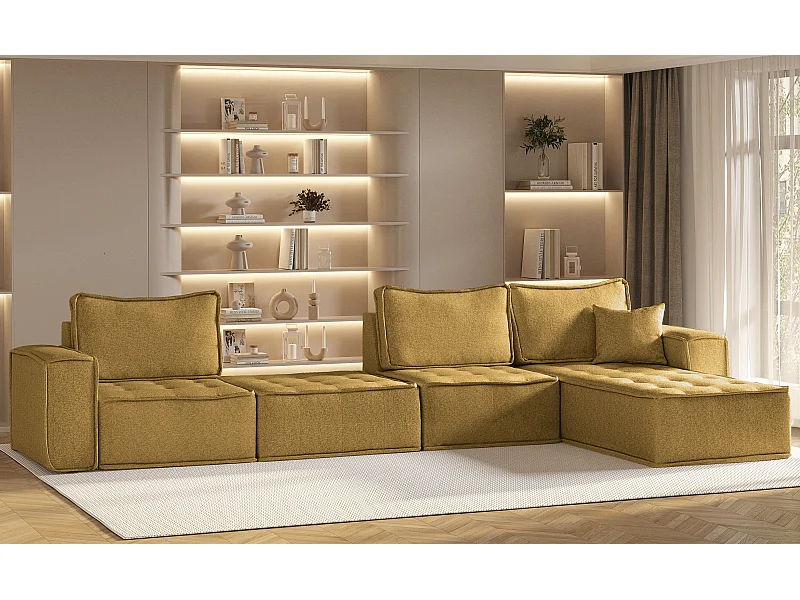 Canapé d'angle Bohoo XL en L, tissu Raven, jaune, droit