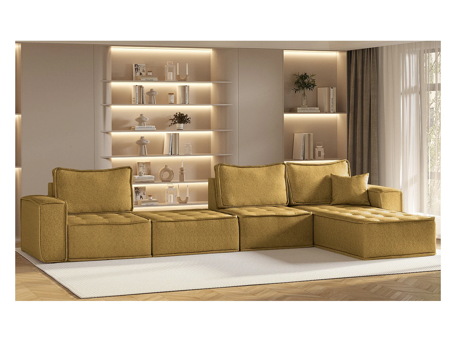 Canapé d'angle Bohoo XL en L, tissu Raven, jaune, droit