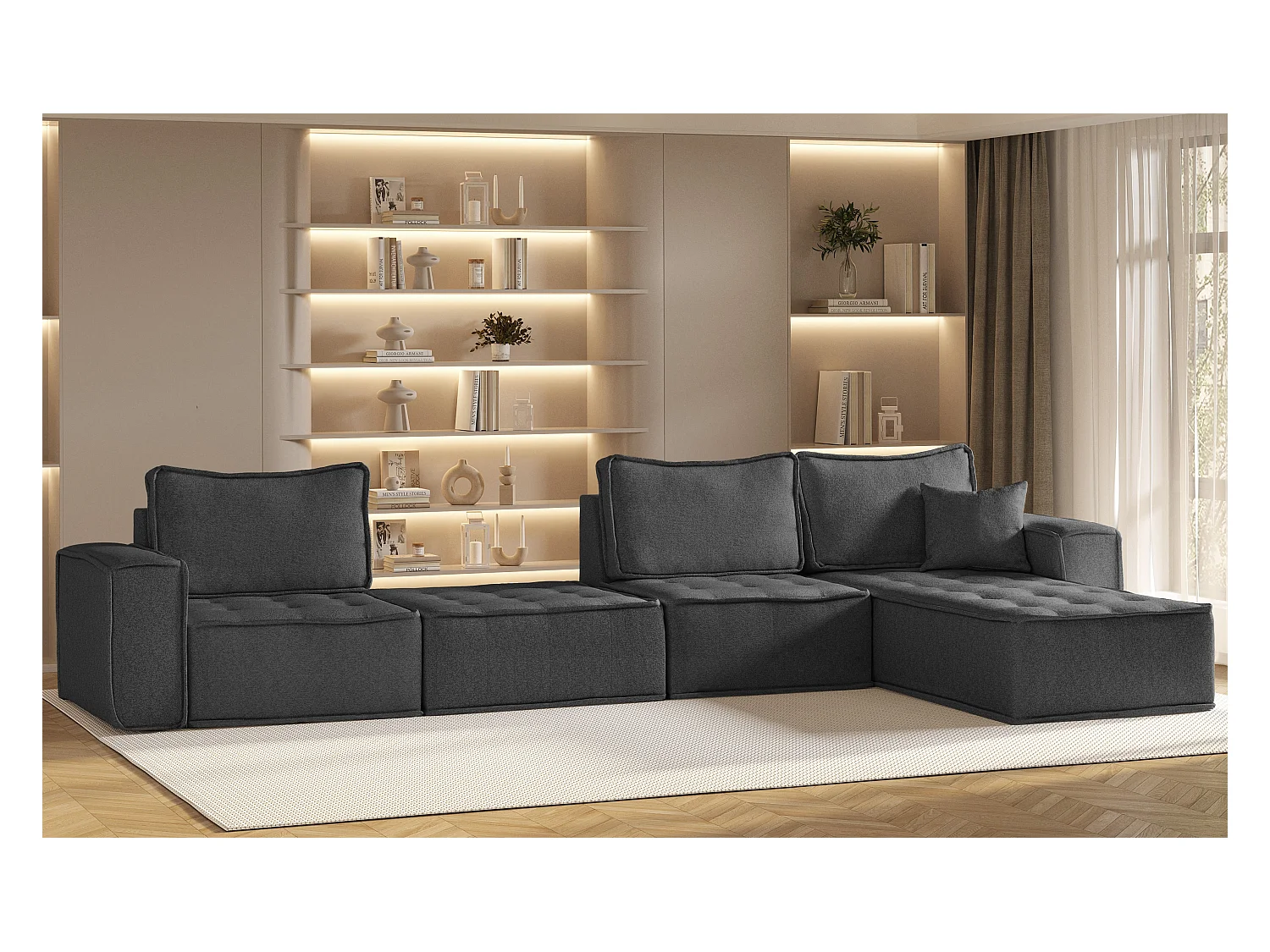 Canapé d'angle Bohoo XL en L, tissu Raven, graphite, droit