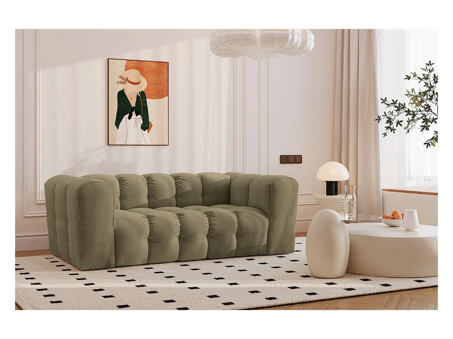 Sofa 2-Sitzer, Komfort Couch BALOO, stoff Schenille, Olive