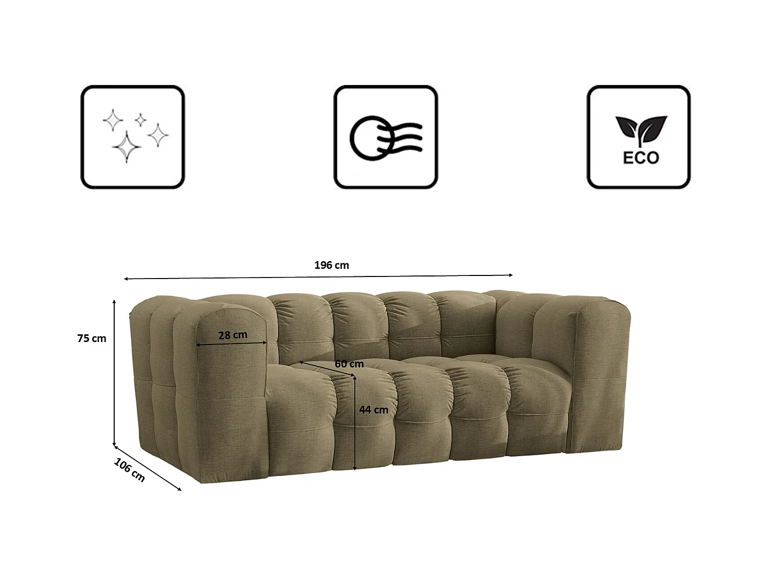 Sofa 2-Sitzer, Komfort Couch BALOO, stoff Schenille, Olive