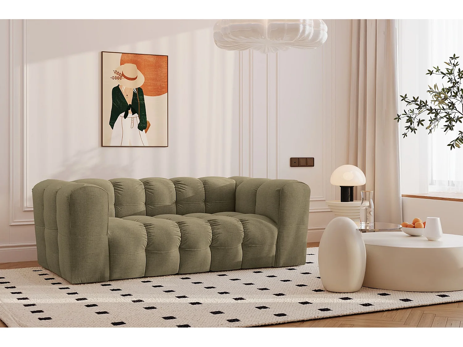 Sofa 2-Sitzer, Komfort Couch BALOO, stoff Schenille, Olive