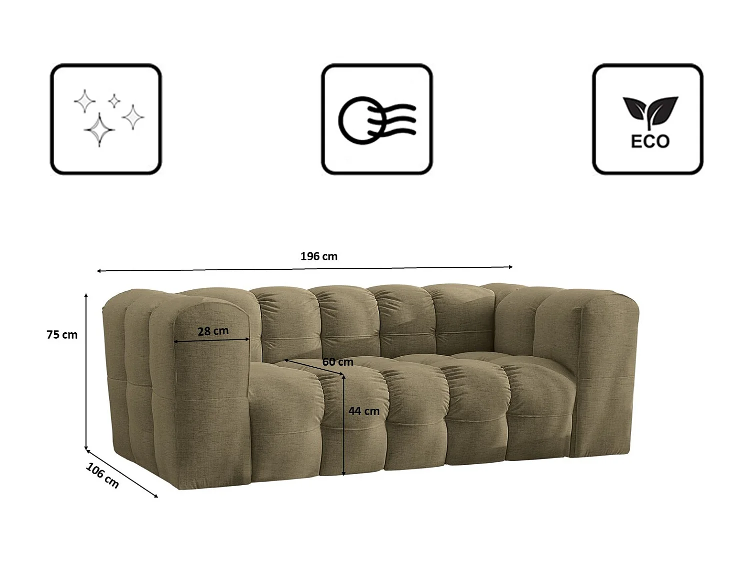 Sofa 2-Sitzer, Komfort Couch BALOO, stoff Schenille, Olive