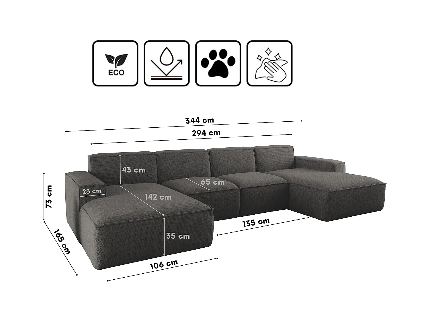 Canapé d'angle en U Siena avec tissu Artico anthracite