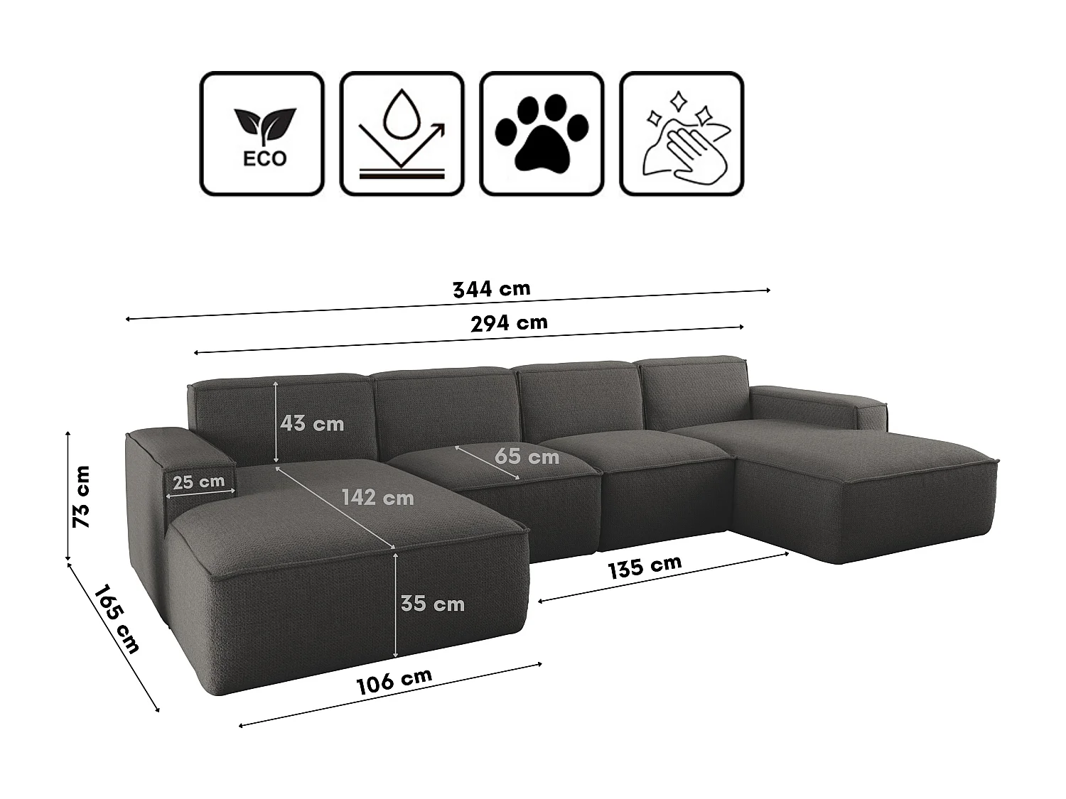Canapé d'angle en U Siena avec tissu Artico anthracite