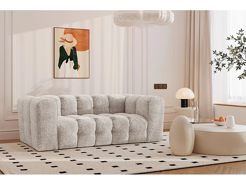 Sofa 2-Sitzer, Komfort Couch BALOO, stoff Schenille & Bouclé, Ecru