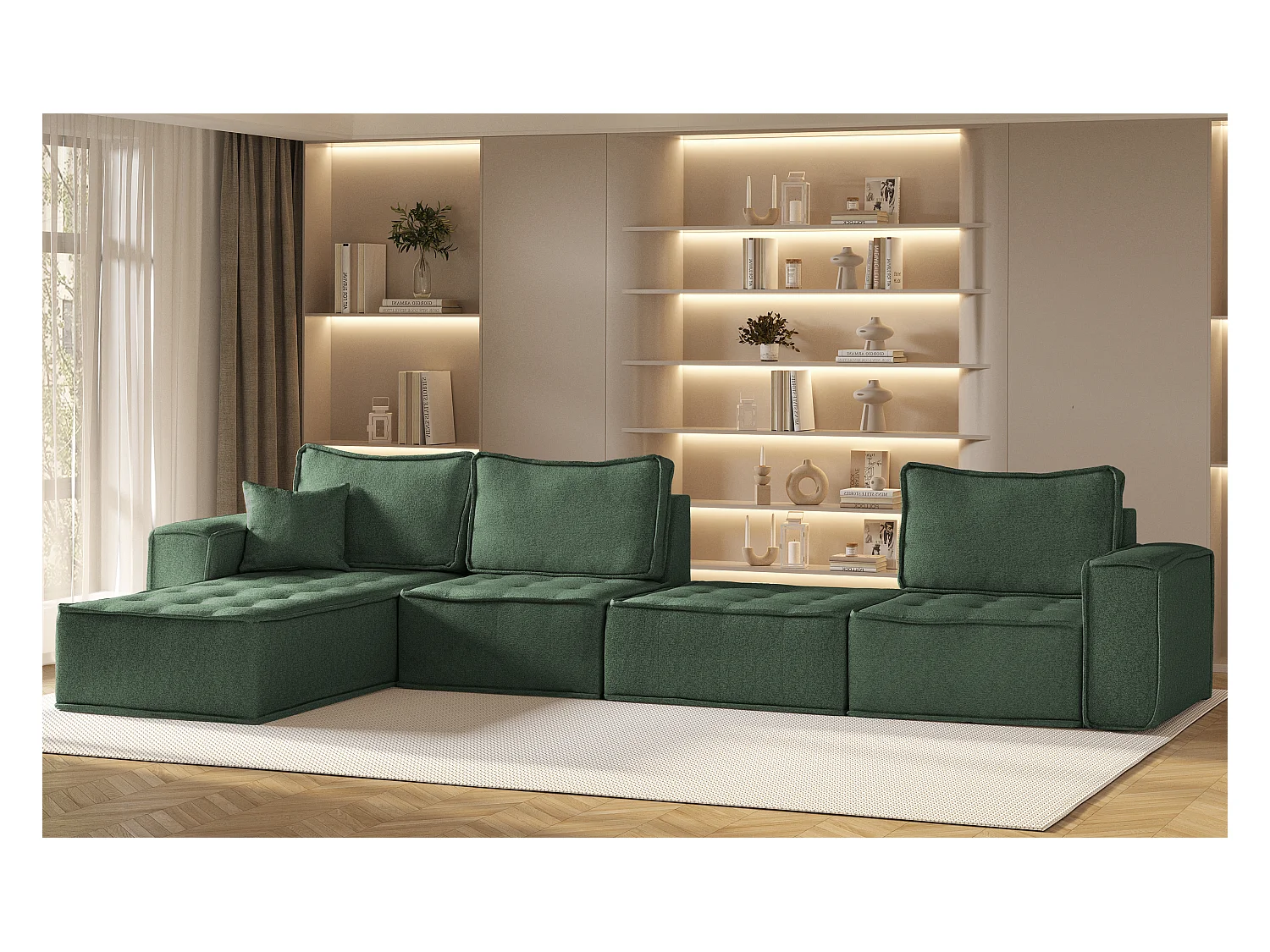 Bohoo XL L-vormige hoekbank, Raven stof, lichtgroen, links