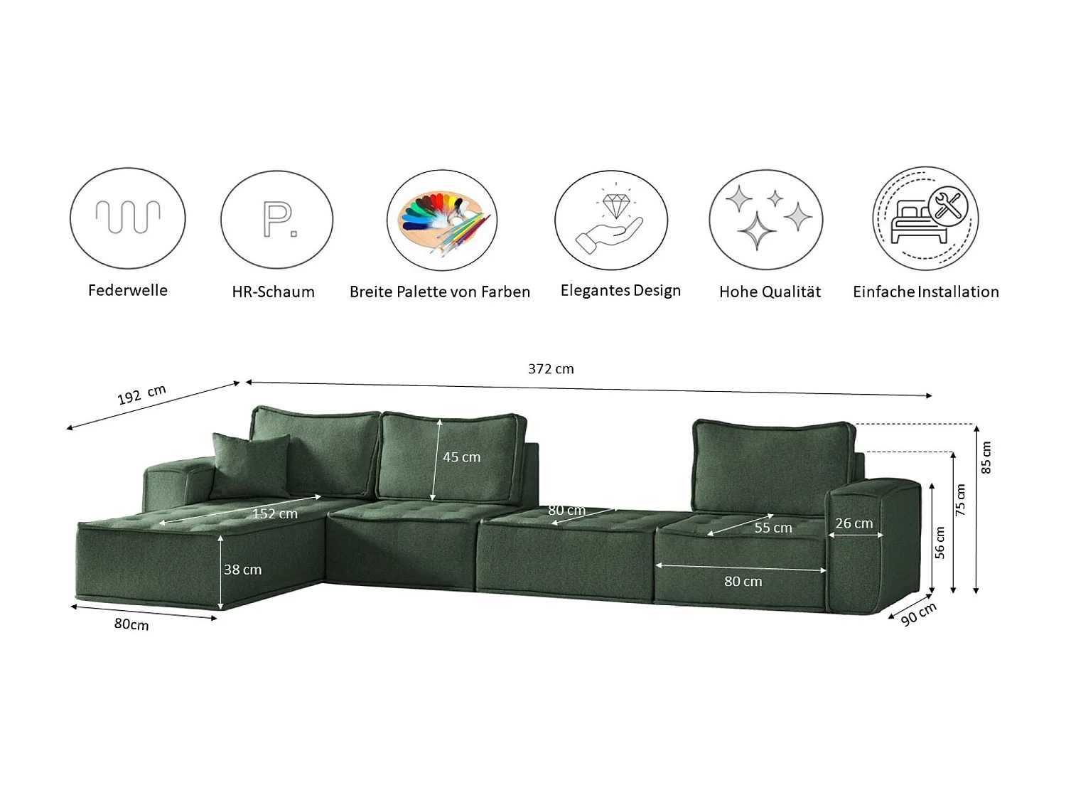 Canapé d'angle Bohoo XL en L, tissu Raven, vert clair, gauche